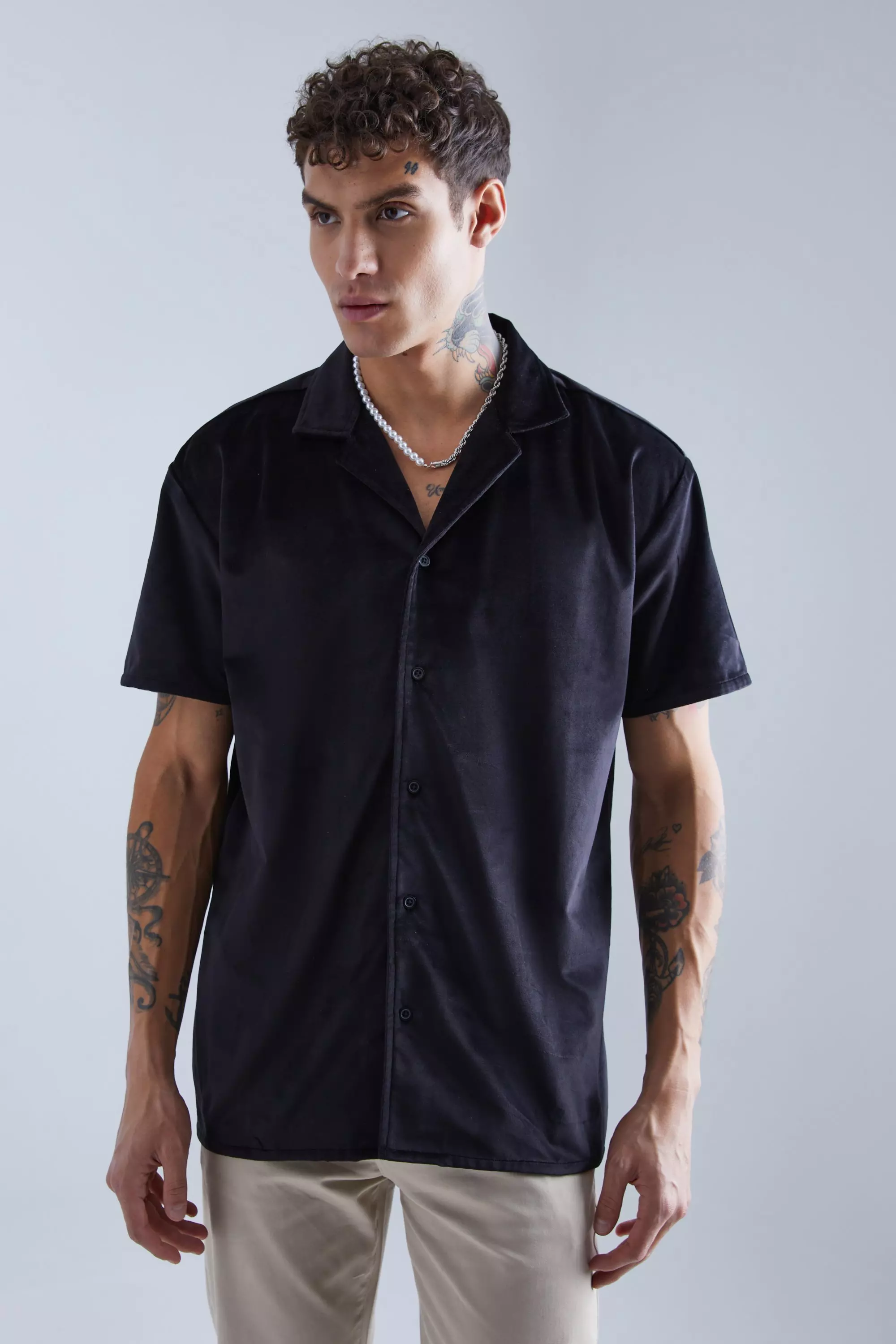 Short Sleeve Oversized Velour Shirt Black
