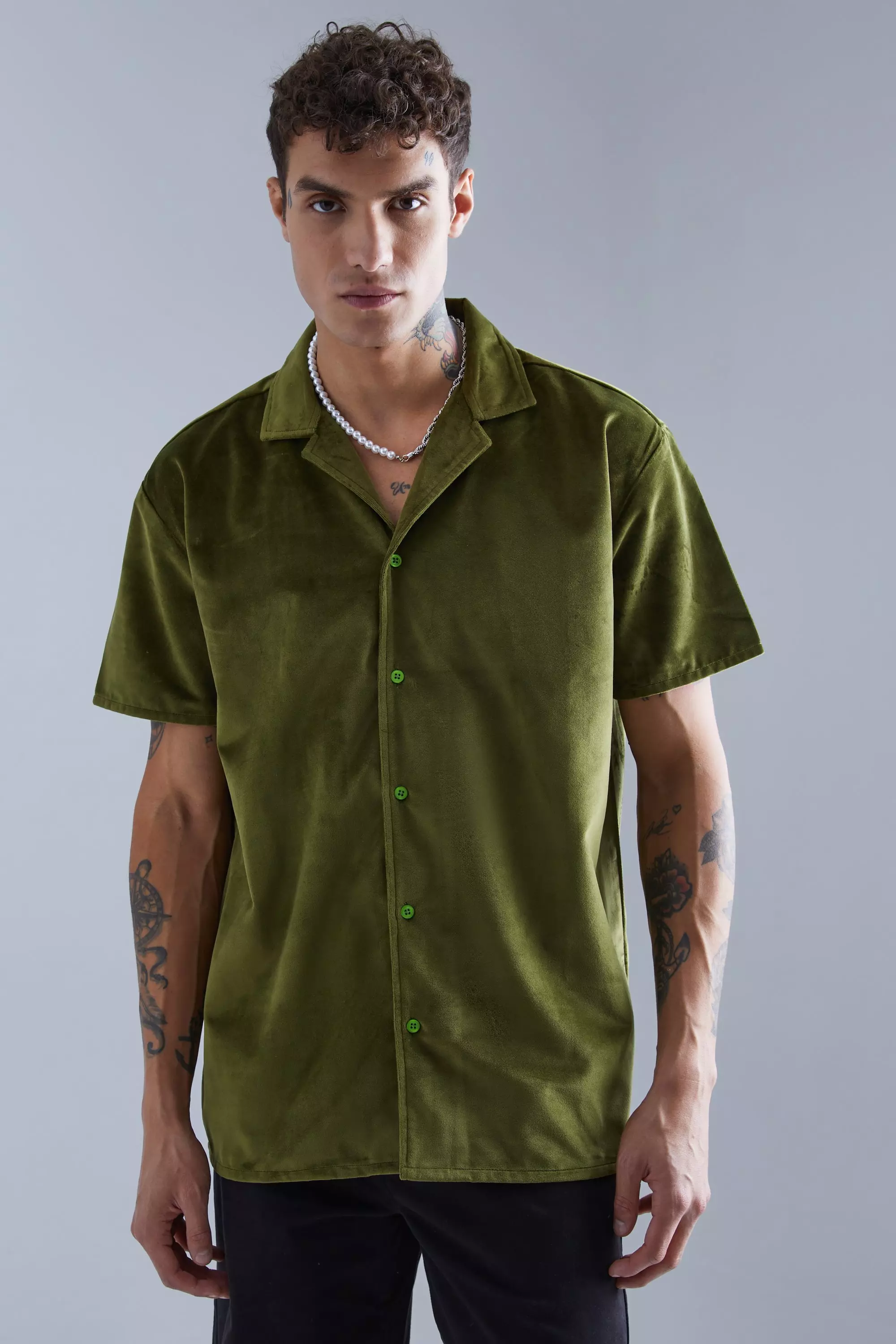 Short Sleeve Oversized Velour Shirt Olive