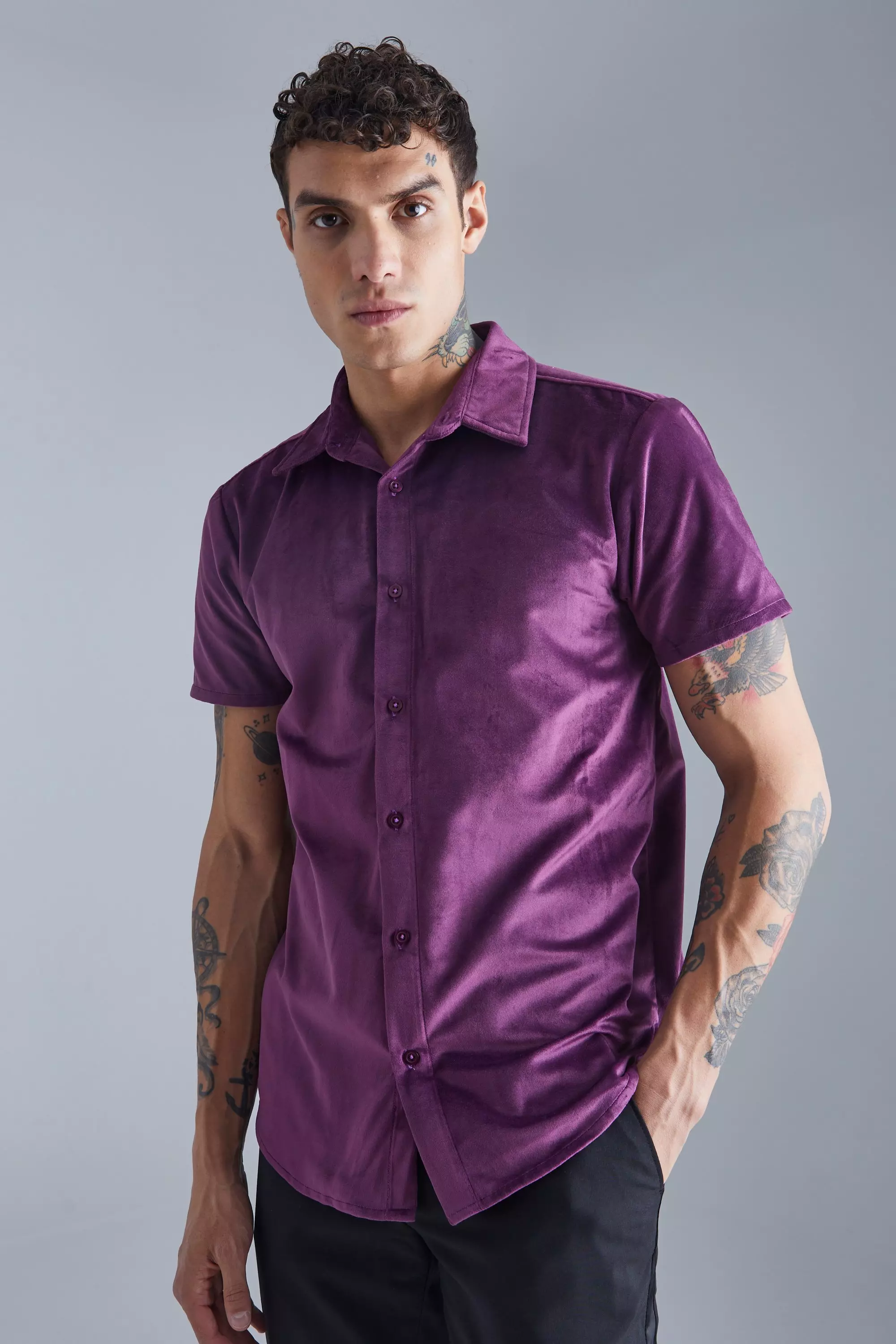 Short Sleeve Velour Shirt Purple
