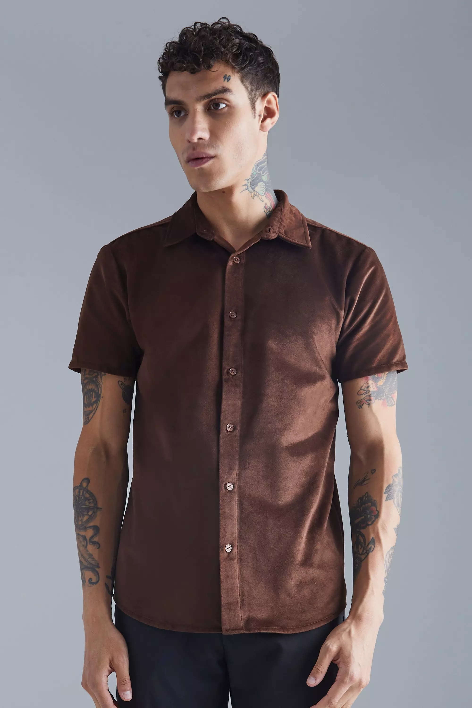 Chocolate Brown Short Sleeve Velour Shirt