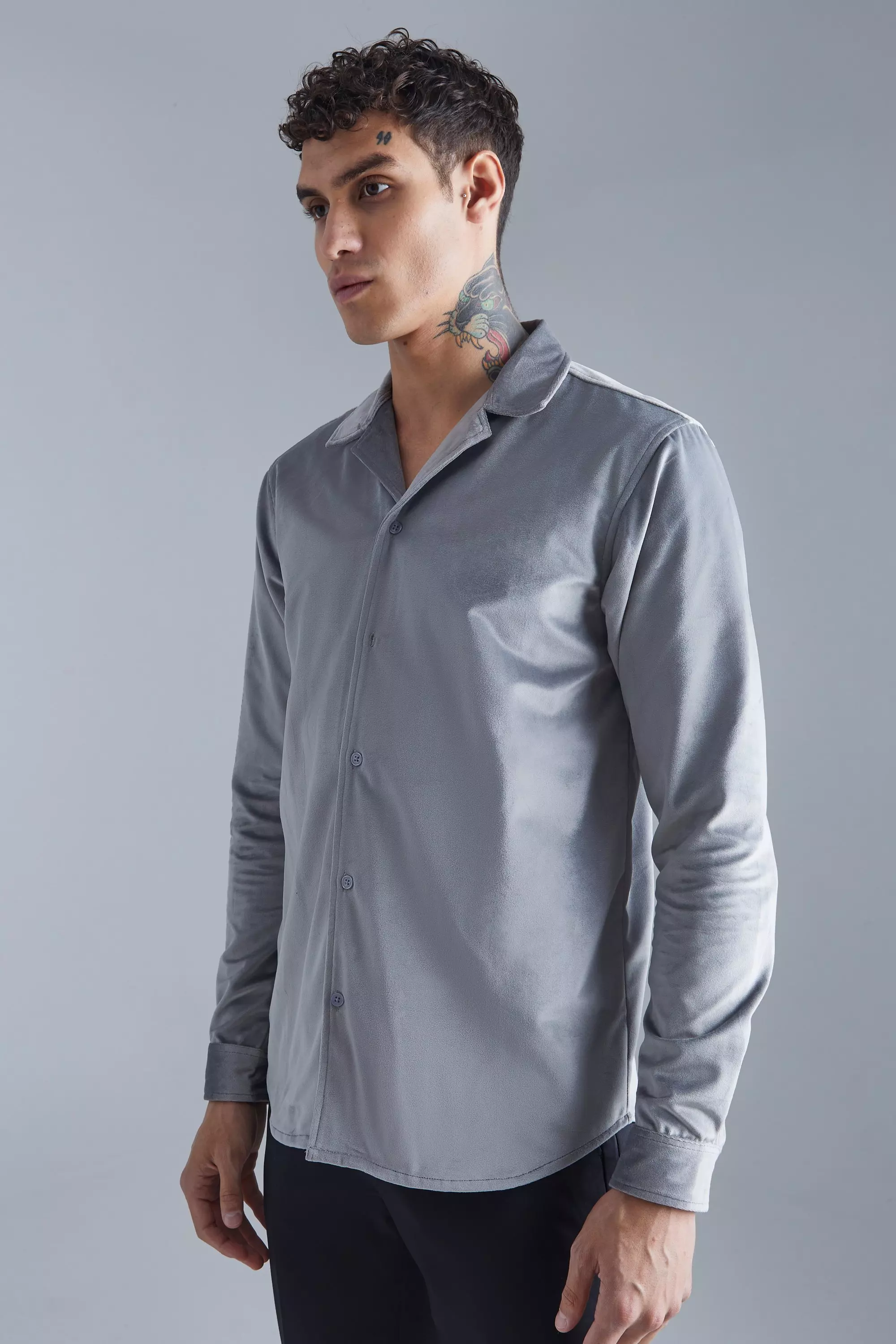 Long Sleeve Velour Revere Shirt Grey