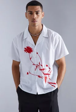 Short Sleeve Floral Embroidered Boxy Shirt Ecru