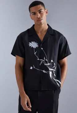 Short Sleeve Floral Embroidered Boxy Shirt Black