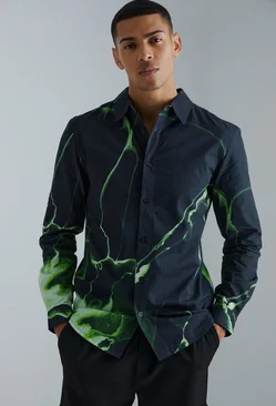 Black Long Sleeve Abstract Printed Poplin Shirt