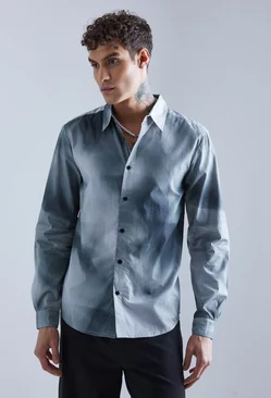 Long Sleeve Marble Printed Poplin Shirt Grey