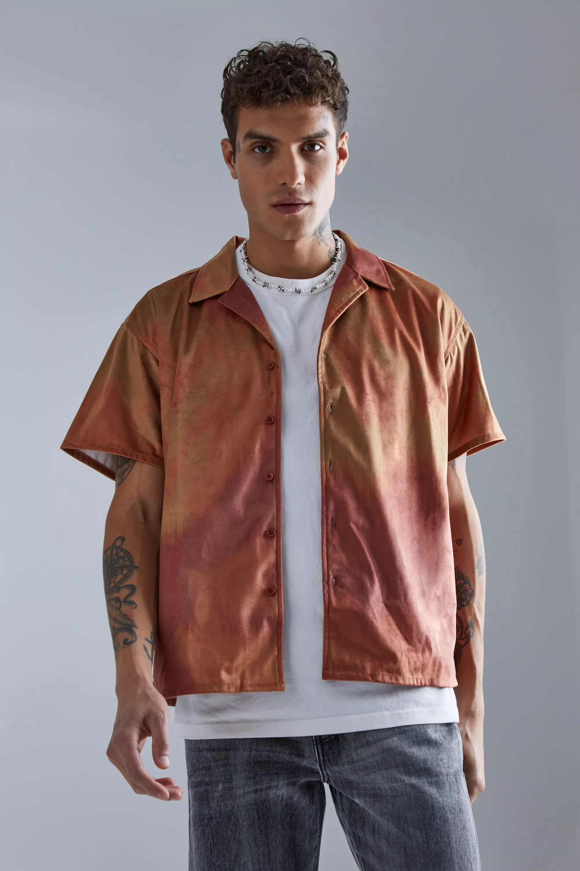 Short Sleeve Boxy Velour Abstract Shirt Rust