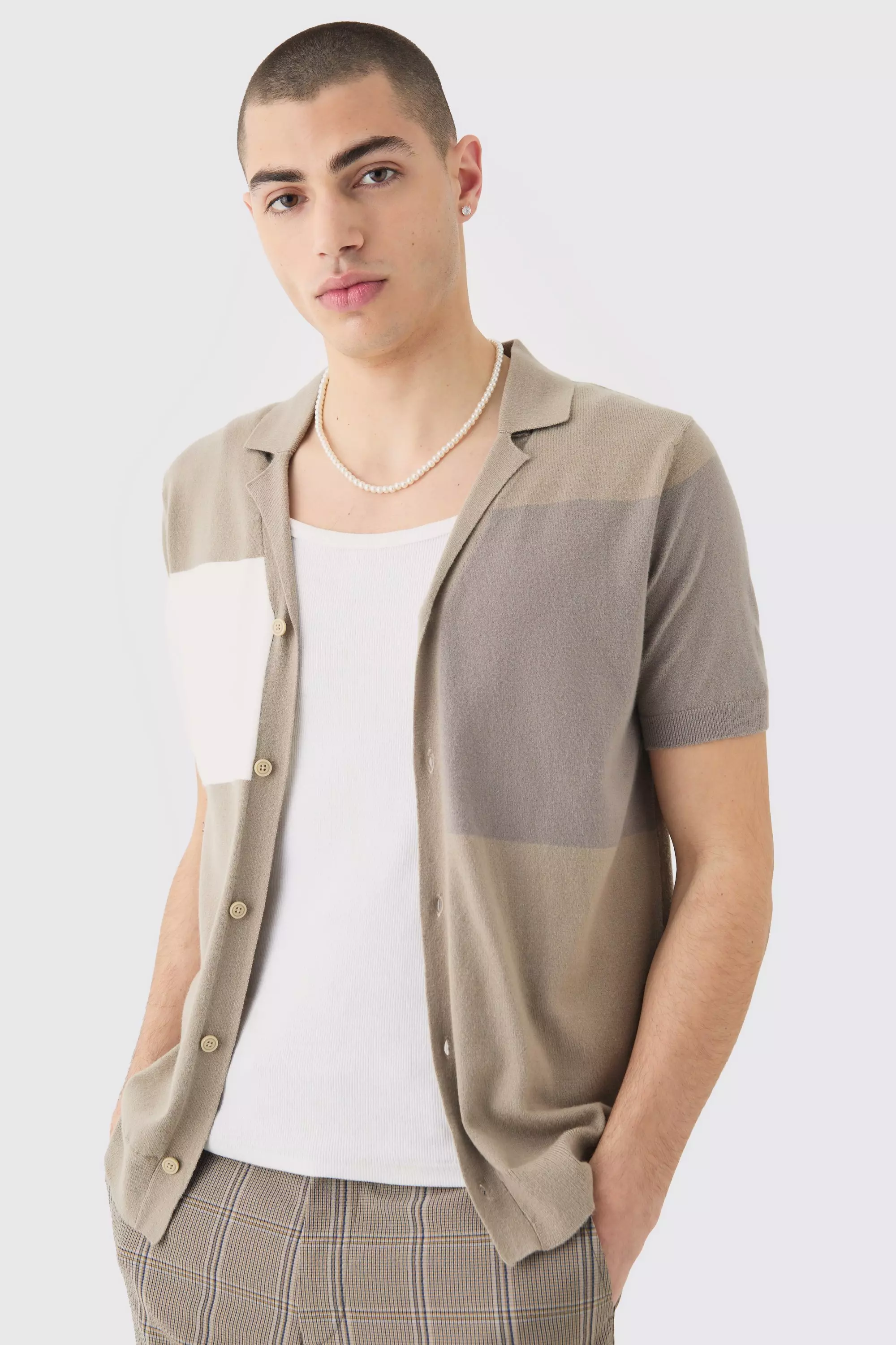 Short Sleeve Revere Colourblock Knitted Shirt Taupe