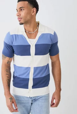 Blue Short Sleeve Revere Stripe Knitted Shirt