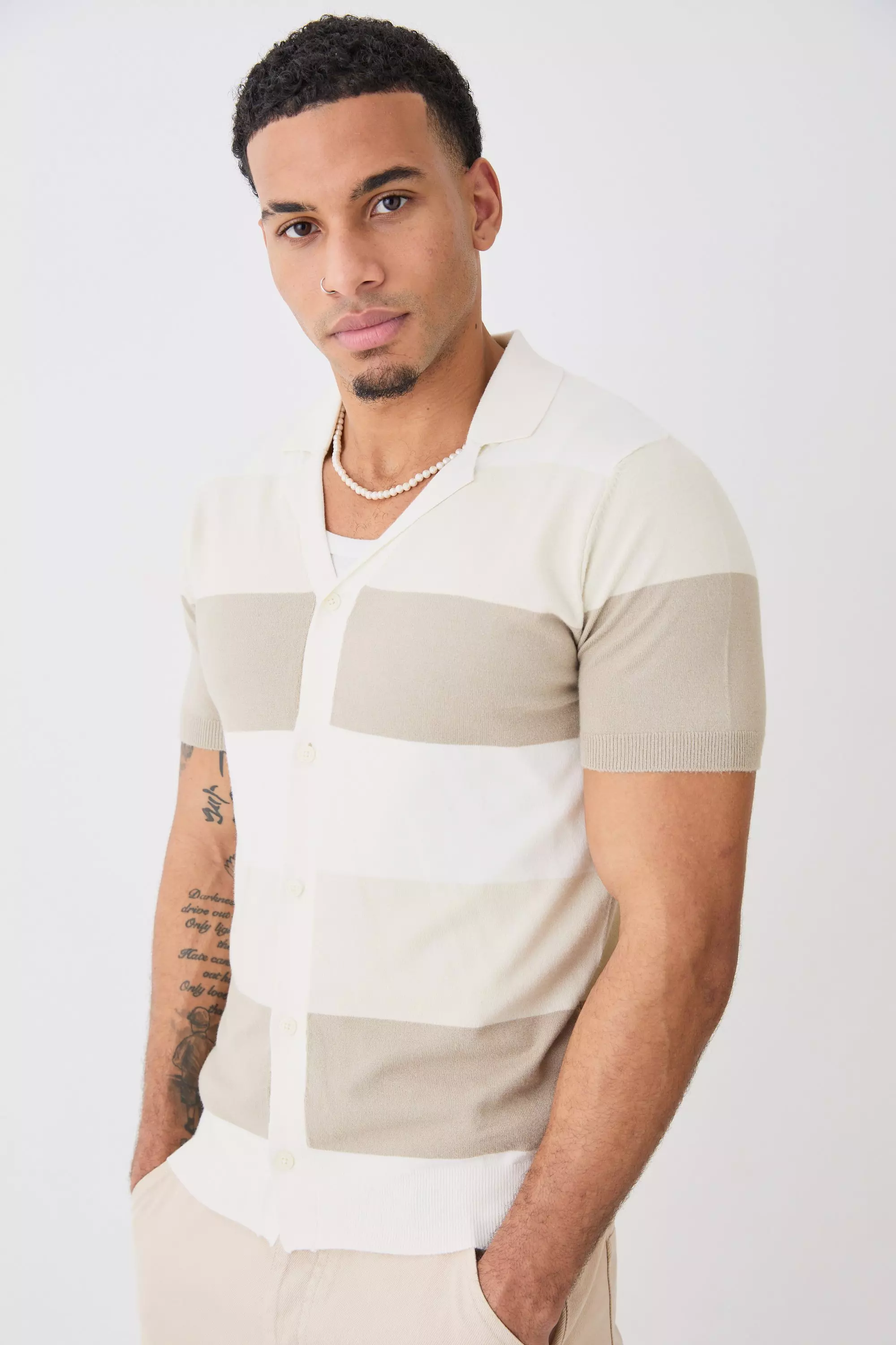 Short Sleeve Revere Stripe Knitted Shirt Sage