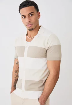 Short Sleeve Revere Stripe Knitted Shirt Sage