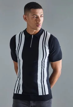 Black Short Sleeve Muscle Fit Stripe Knit Polo