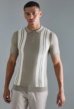 Short Sleeve Muscle Fit Stripe Knit Polo Stone
