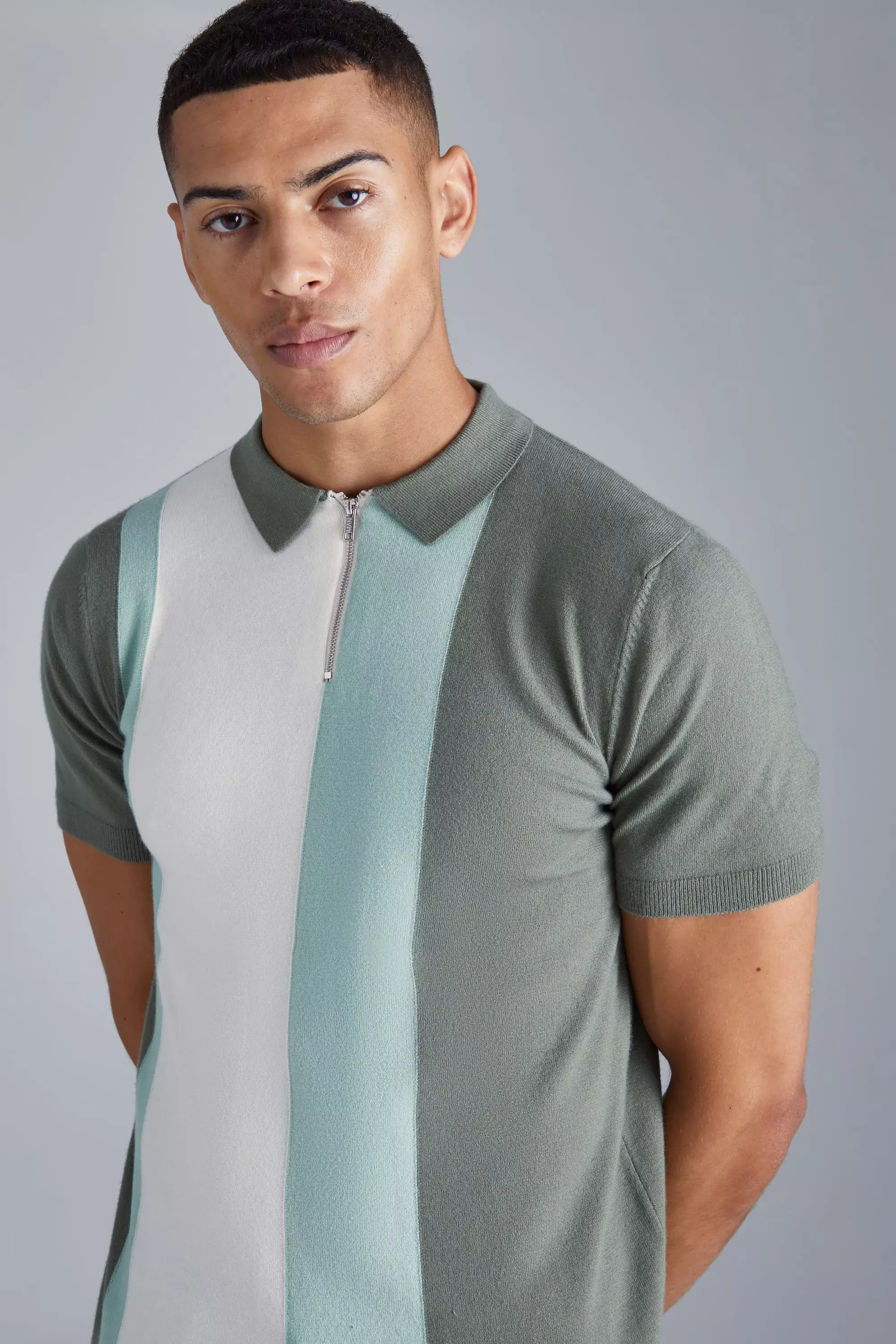 Short Sleeve Regular Fit Colour Block Polo Khaki