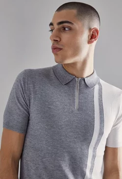 Short Sleeve Muscle Fit Colour Block Polo Grey marl