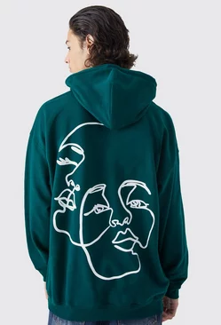 Green Oversized Line Face Graphic Hoodie