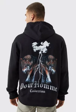 Black Oversized Pour Homme Wolves Graphic Hoodie