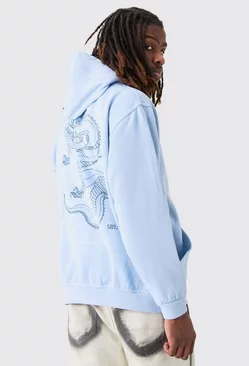 Oversized Overdyed Dragon Graphic Hoodie Blue