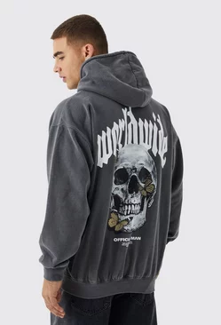Oversized Washed Butterfly Skull Hoodie Charcoal