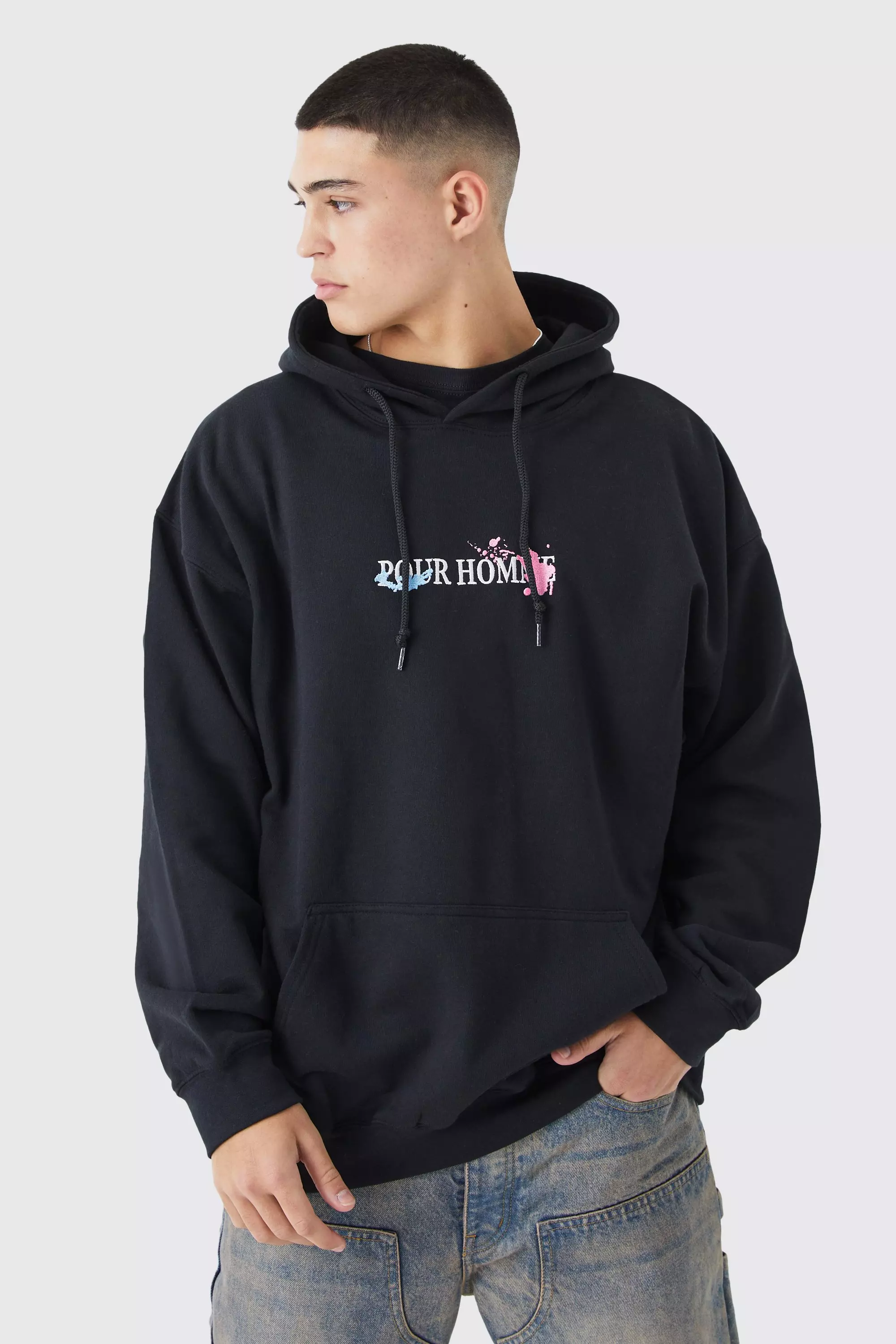 Boohooman hoodie with man embroidery in black clearance