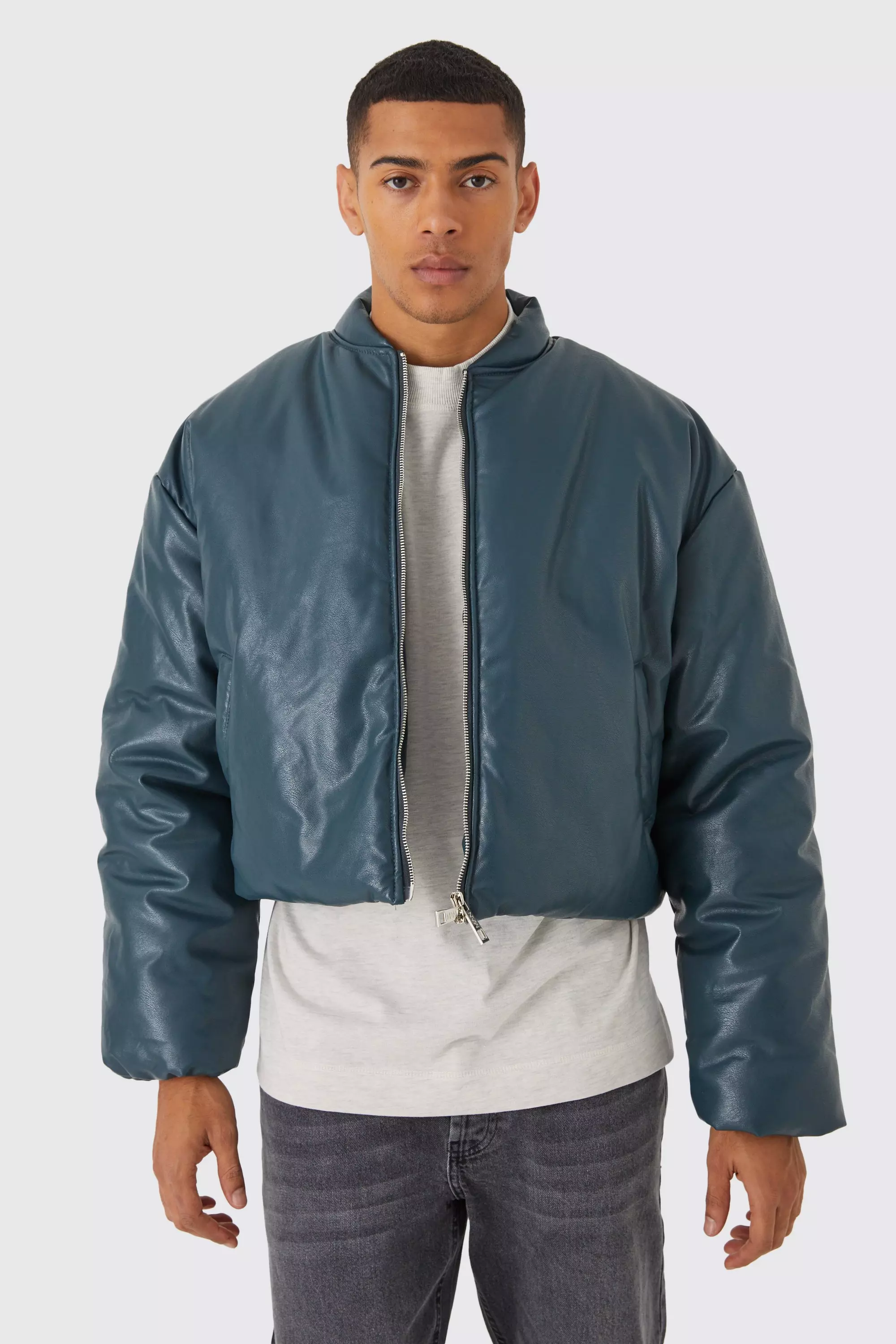 Teal Gewatteerd Boxy PU Bomberjack Met Volume alternatieve afbeelding