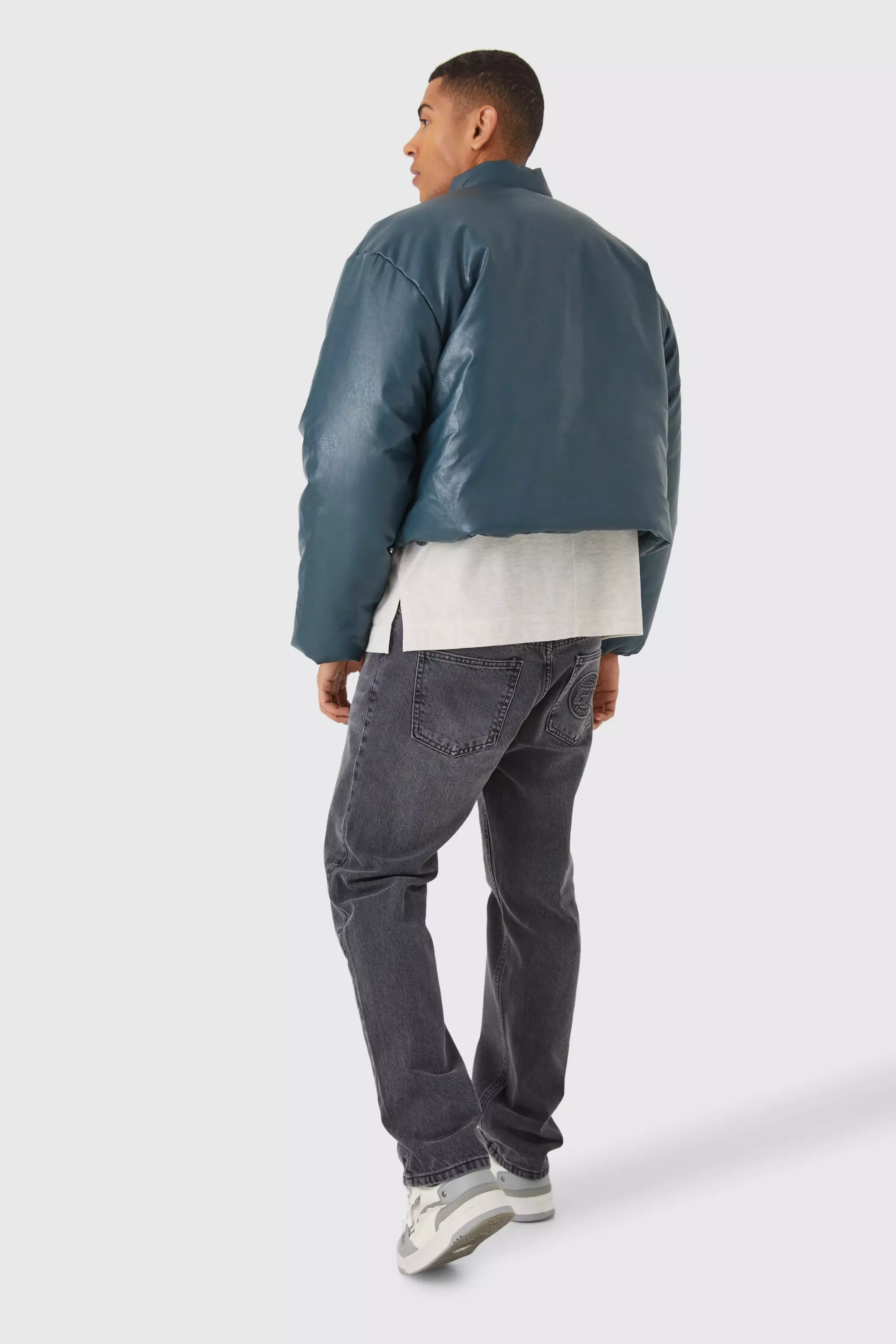 Teal Gewatteerd Boxy PU Bomberjack Met Volume alternatieve afbeelding