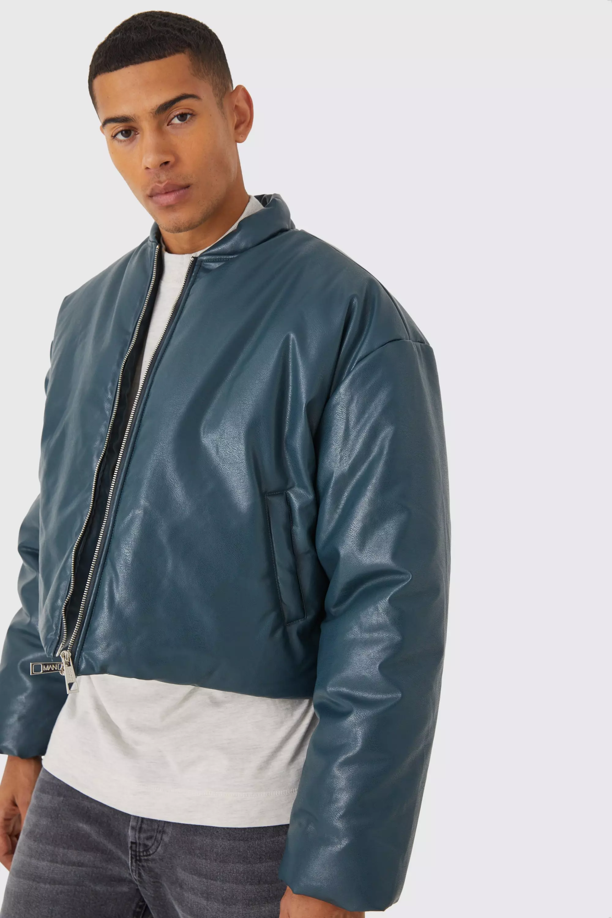 Teal Gewatteerd Boxy PU Bomberjack Met Volume alternatieve afbeelding