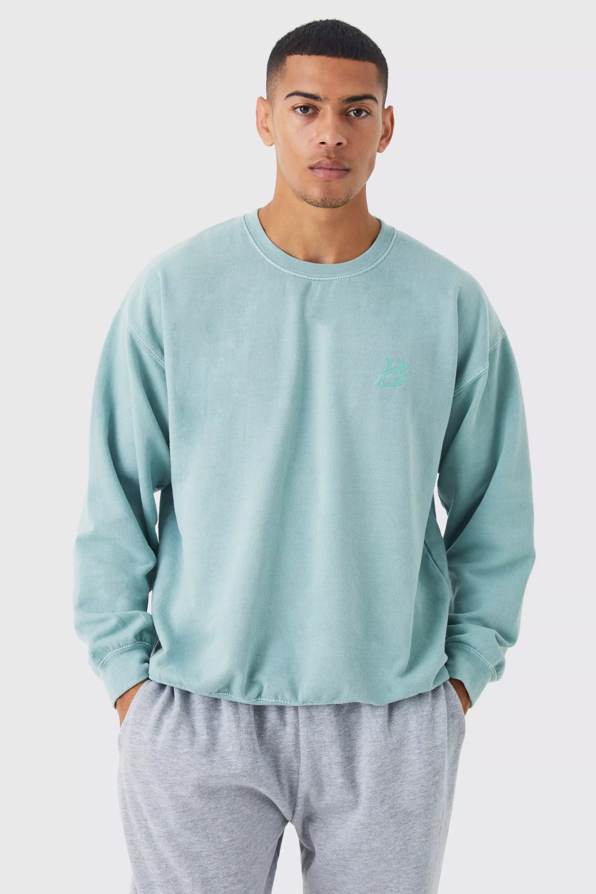 Sage Green Oversized B Embroidered Sweatshirt