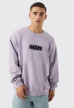 Pink Oversized Acid Wash Man Embroidered Sweatshirt