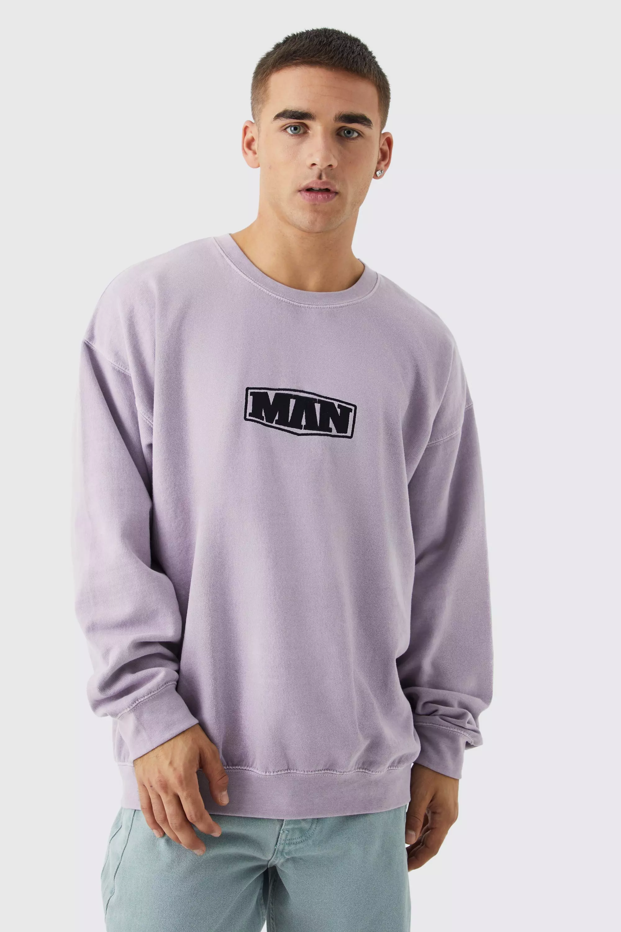 Pink Oversized Acid Wash Man Embroidered Sweatshirt