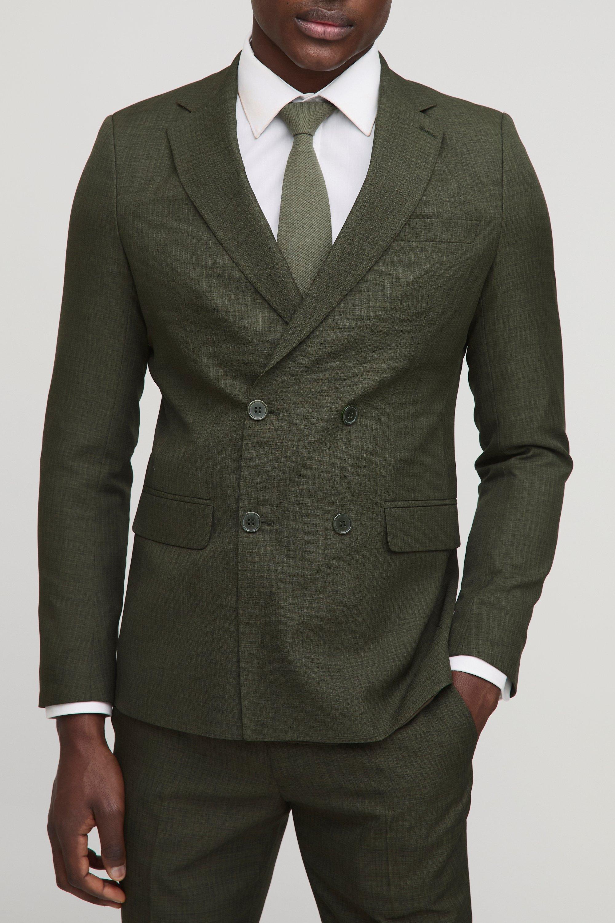 Khaki Skinny Fit Double Breasted Micro Texture Blazer