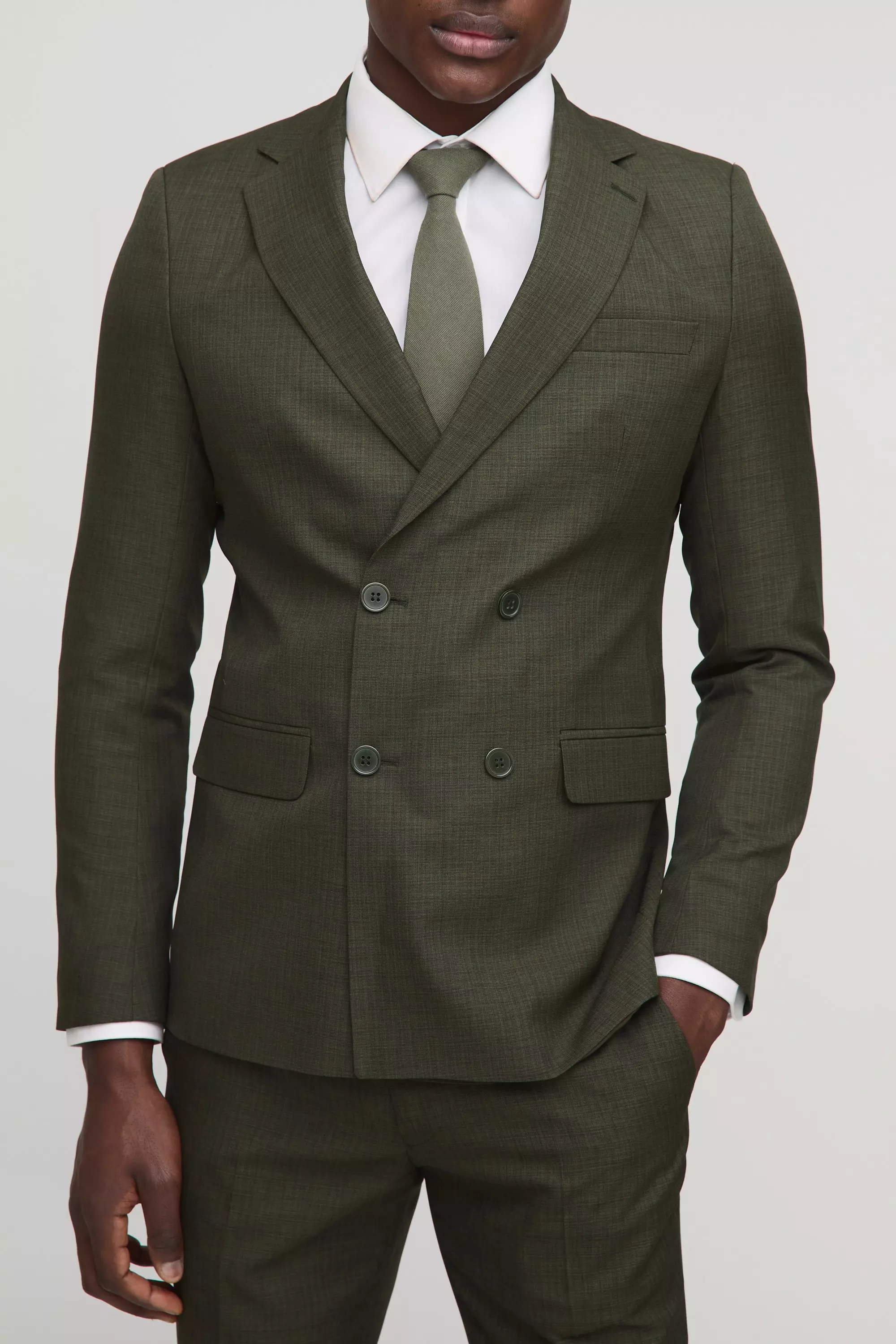 Khaki Skinny Fit Double Breasted Micro Texture Blazer alternative image
