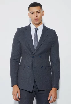 Skinny Fit Double Breasted Pleat Texture Blazer Navy