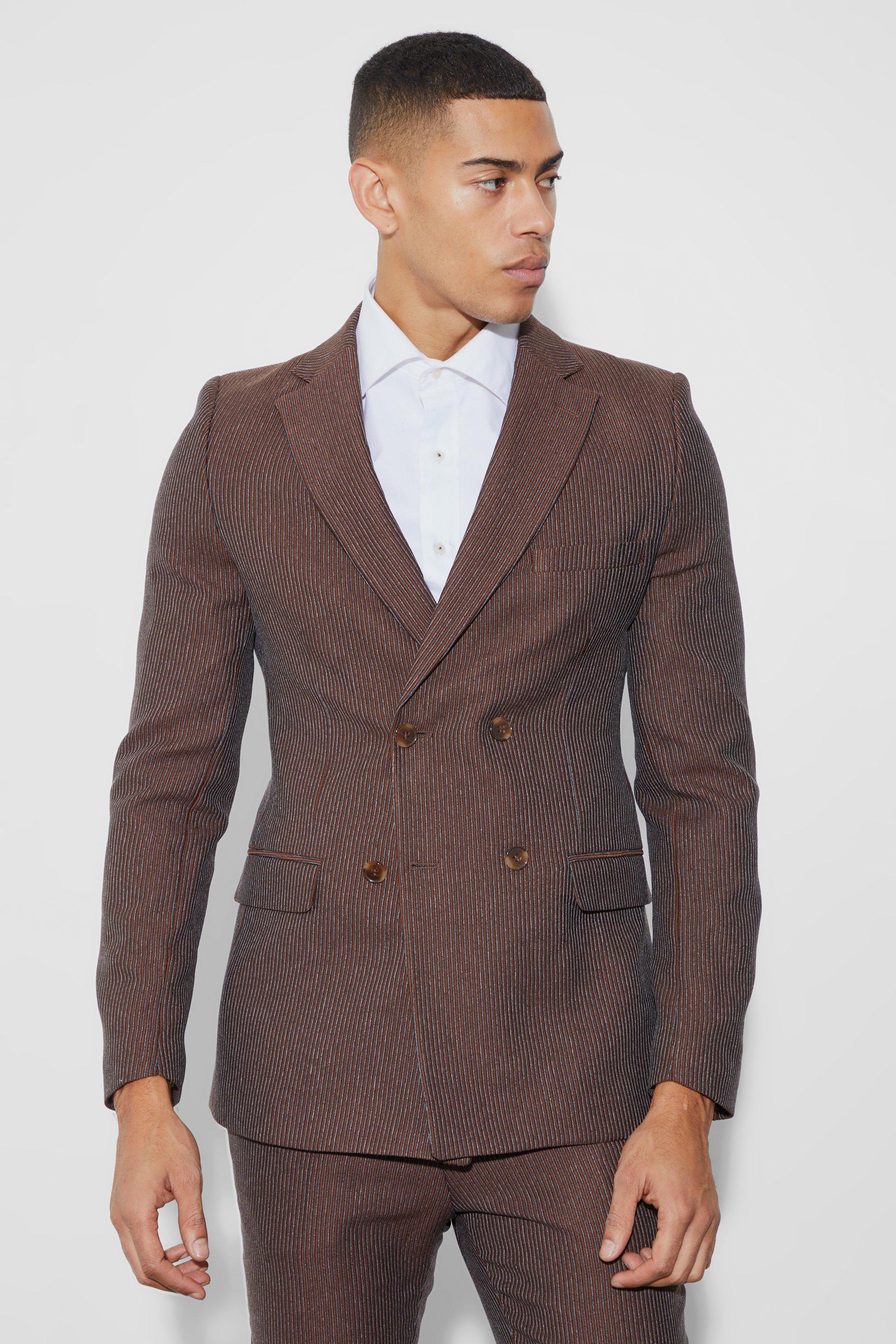 Brown Geplooide Skinny Fit Blazer Met Dubbele Knopen En Textuur