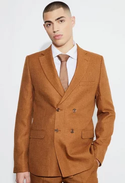 Skinny Fit Double Breasted Marl Blazer Mustard