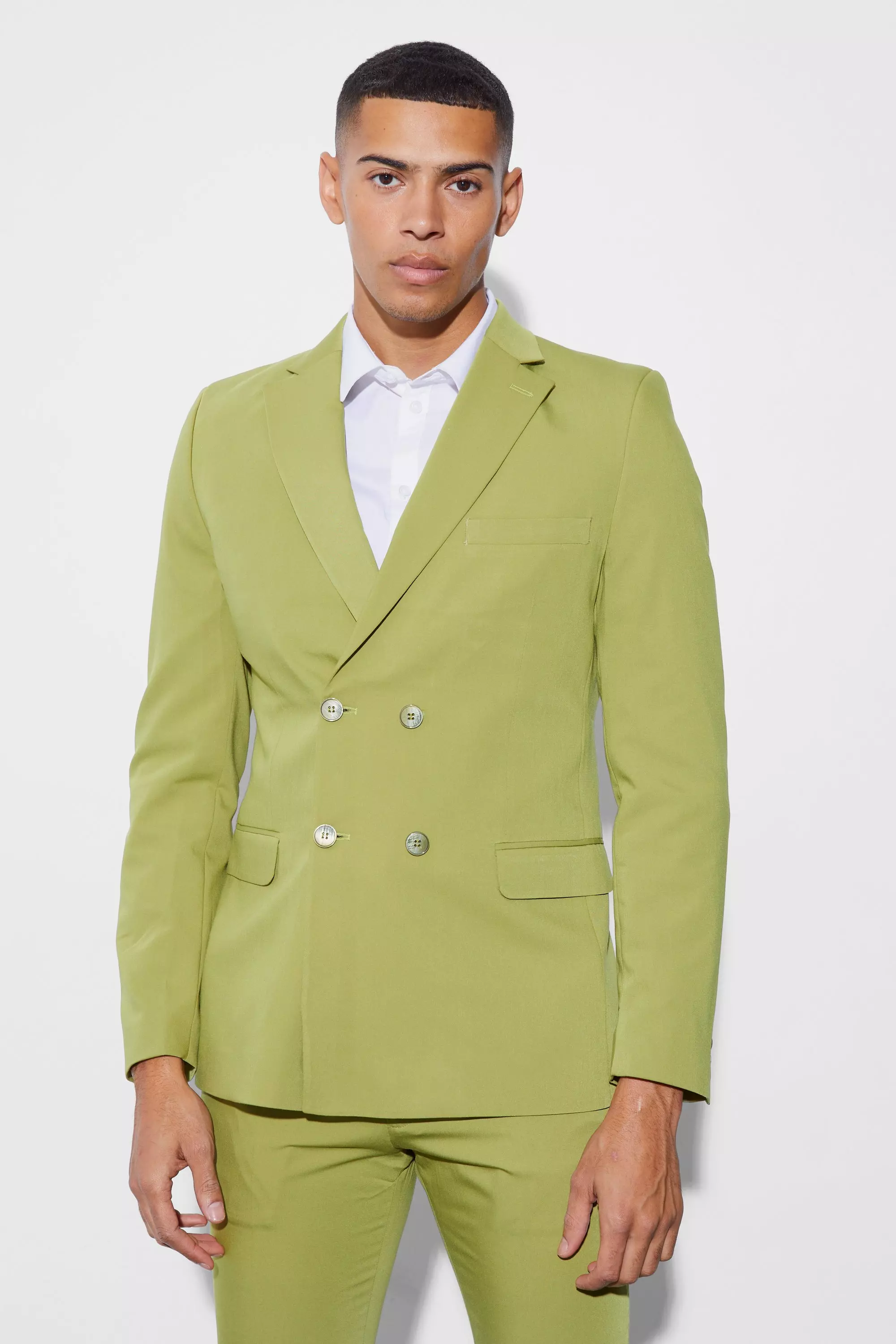 Lime Green Skinny Fit Double Breasted Blazer