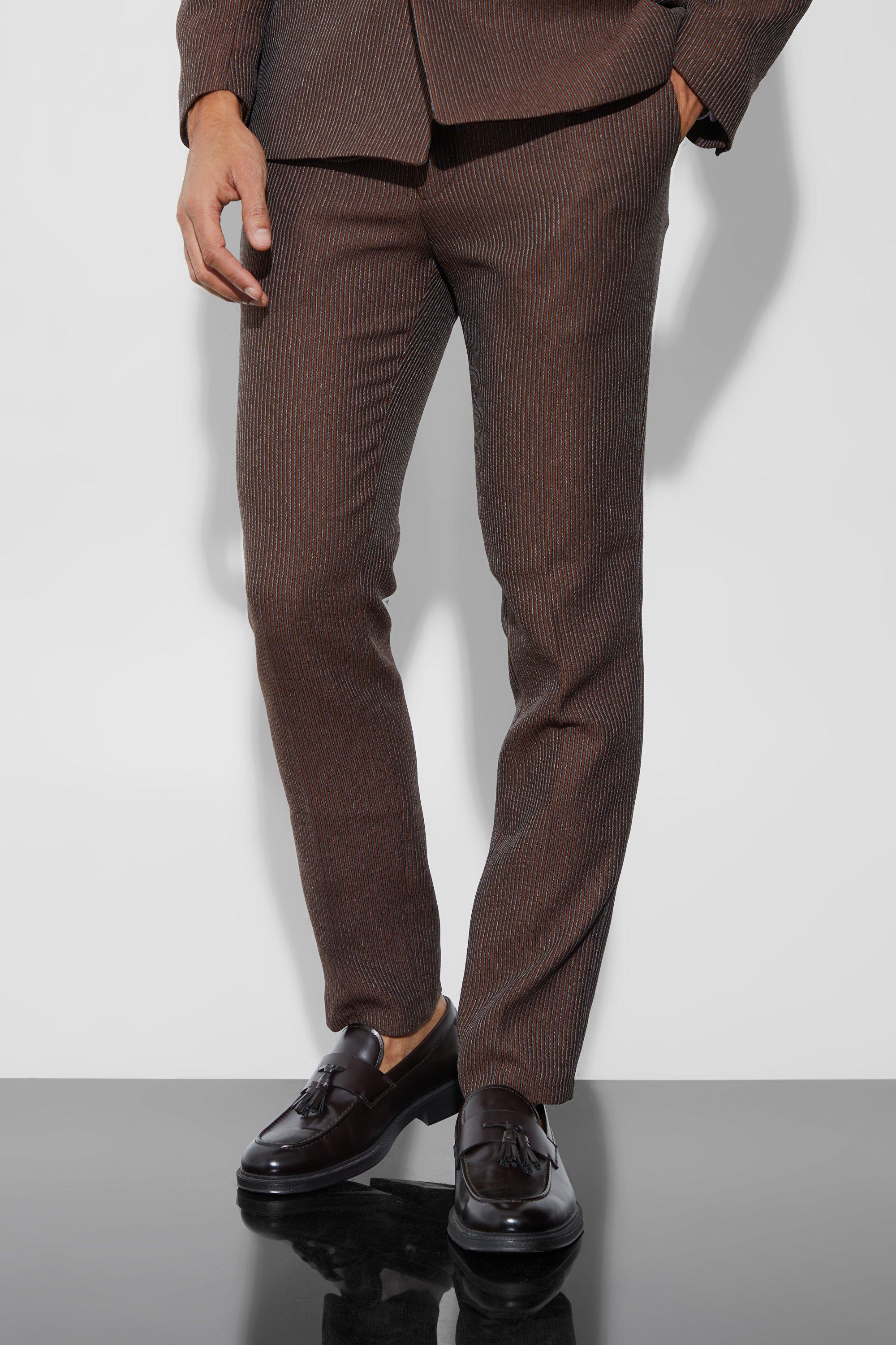 Brown Skinny Fit Pleat Texture Pants