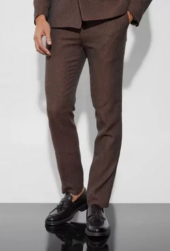 Brown Skinny Fit Pleat Texture Pants