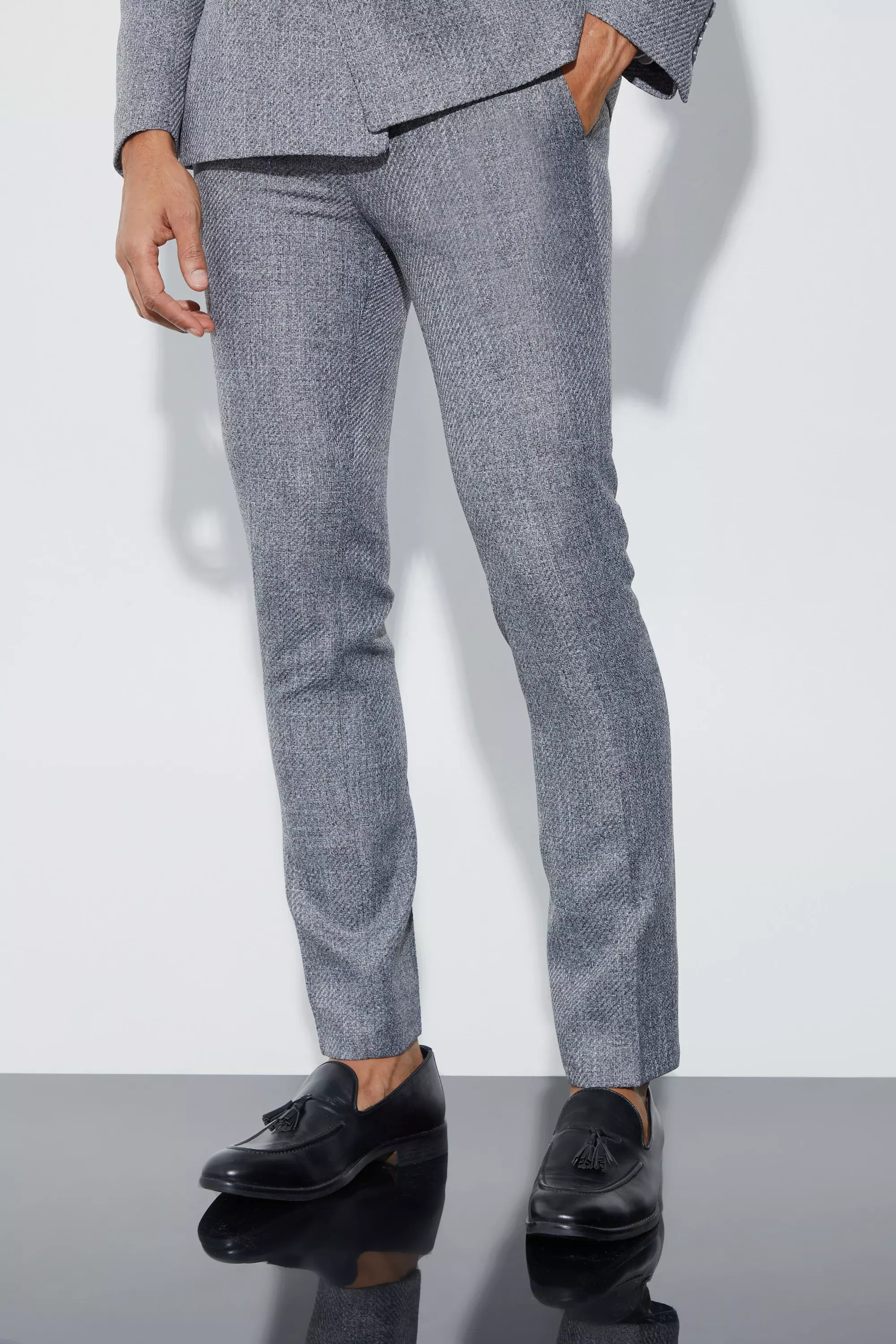 Grey Skinny Fit Boucle Suit Pants