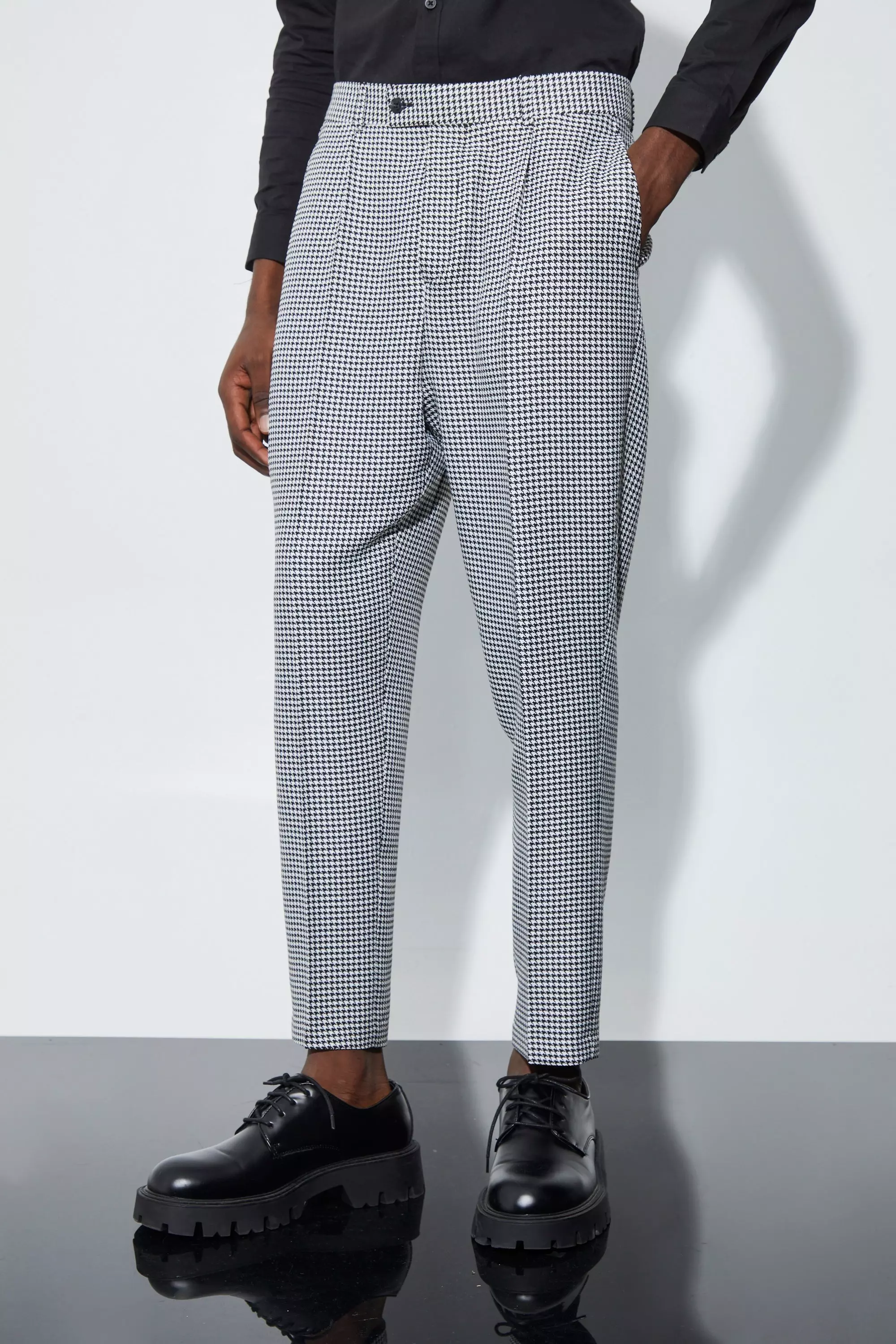 High Rise Tapered Houndstooth Suit Pants Black