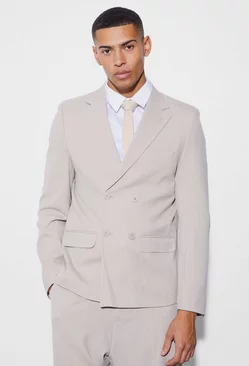 Stone Beige Relaxed Fit Double Breasted Pinstripe Blazer