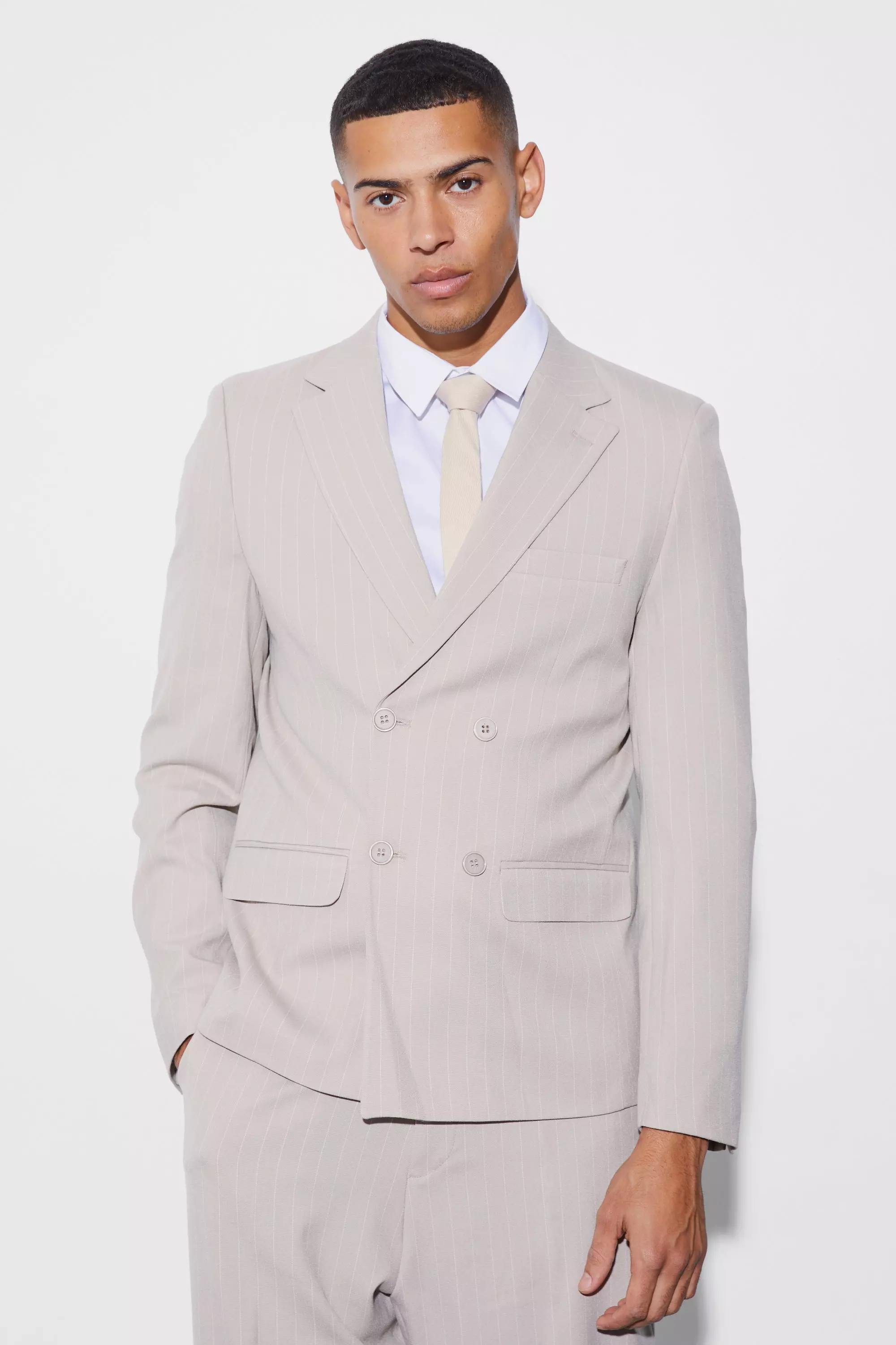 Relaxed Fit Double Breasted Pinstripe Blazer Stone