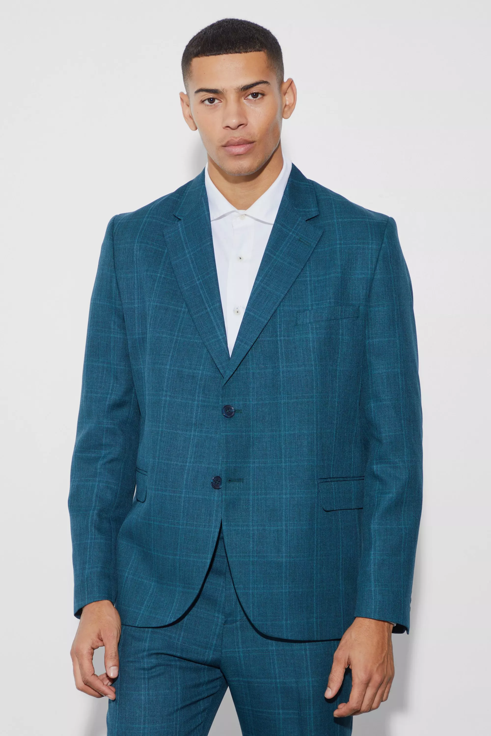 Oversized Boxy Plaid Fabric Interest Blazer Navy