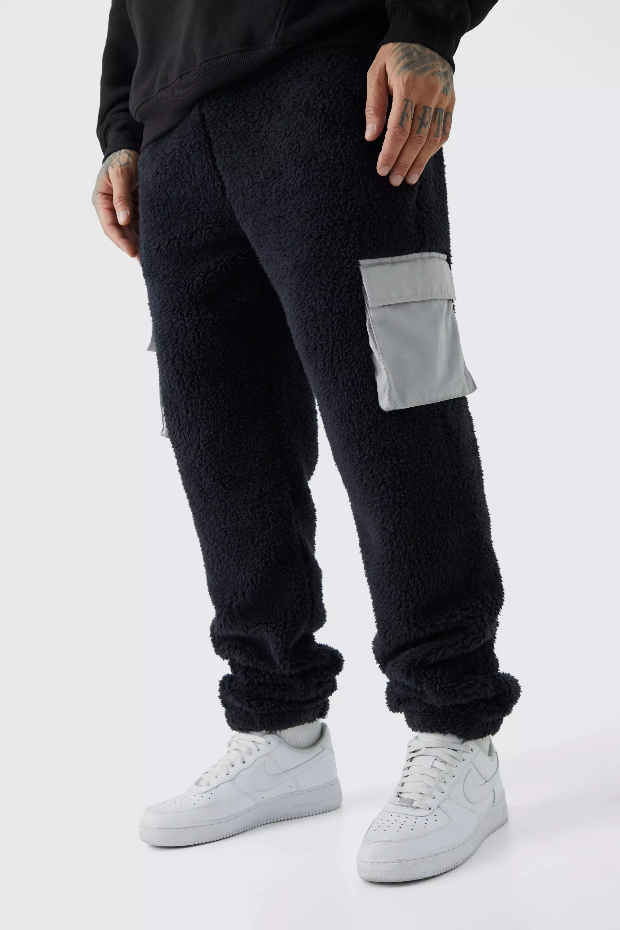 Black Tall Borg Jogger With Nylon Cargo Pockets