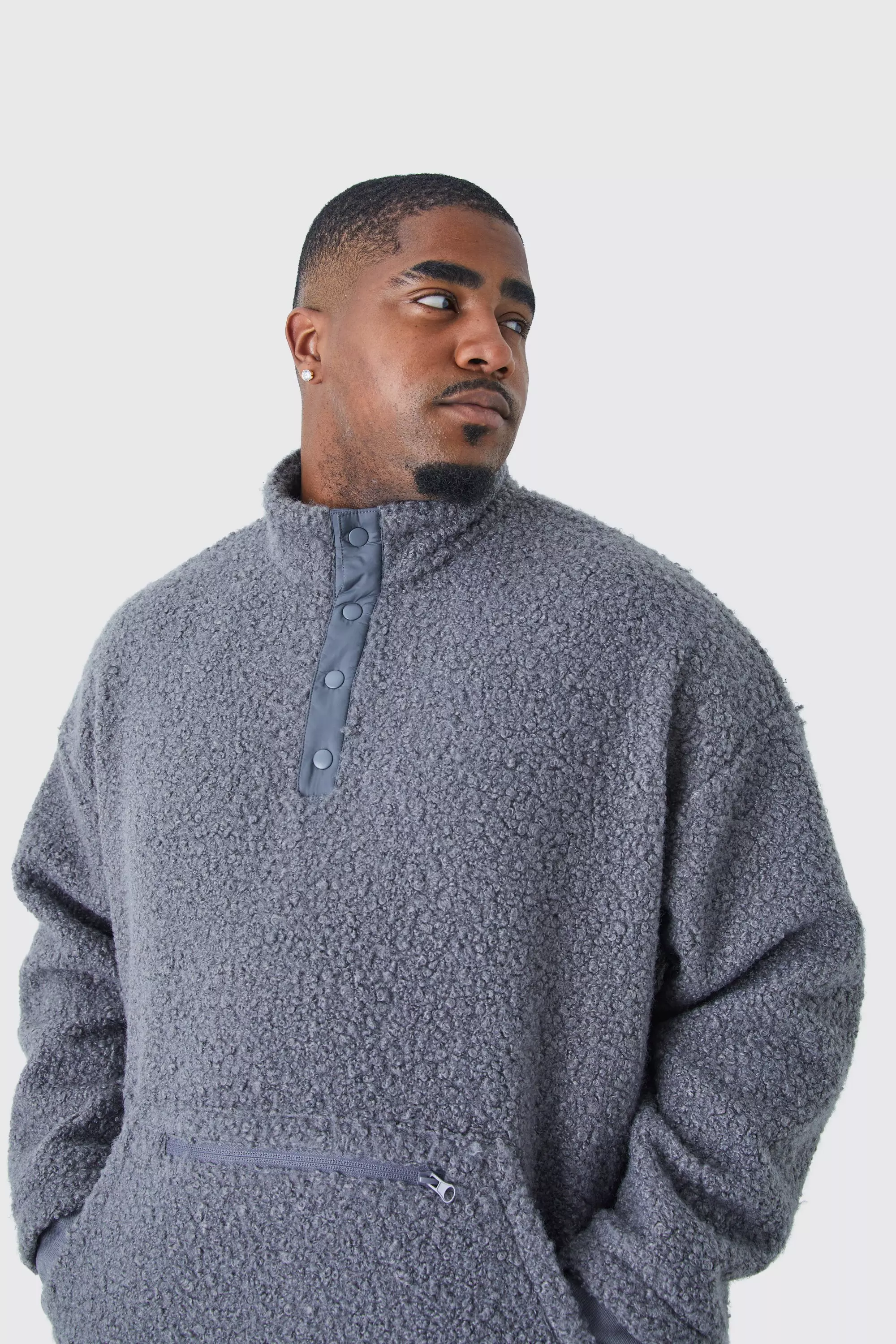 Charcoal Grey Plus Oversized 1/4 Button Boucle Sweatshirt