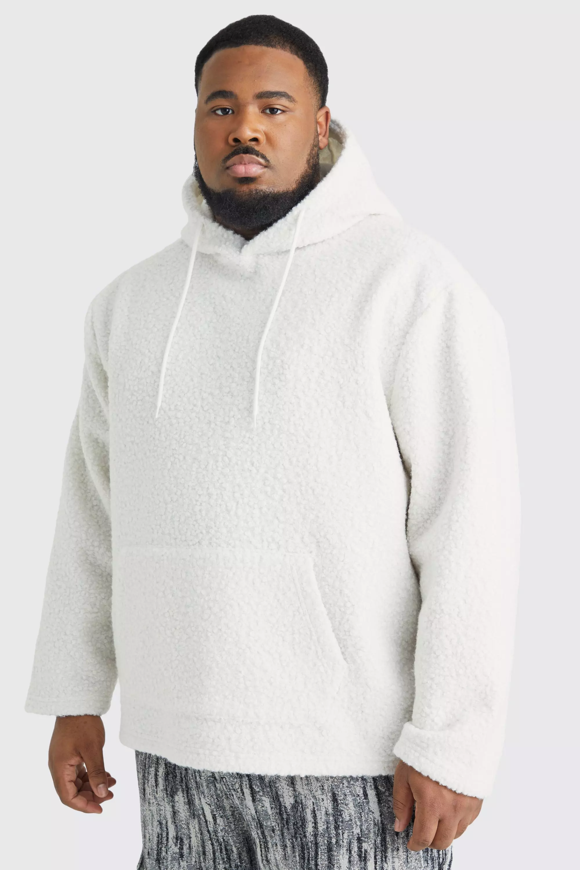 Ecru White Plus Oversized Boxy Boucle Borg Hoodie