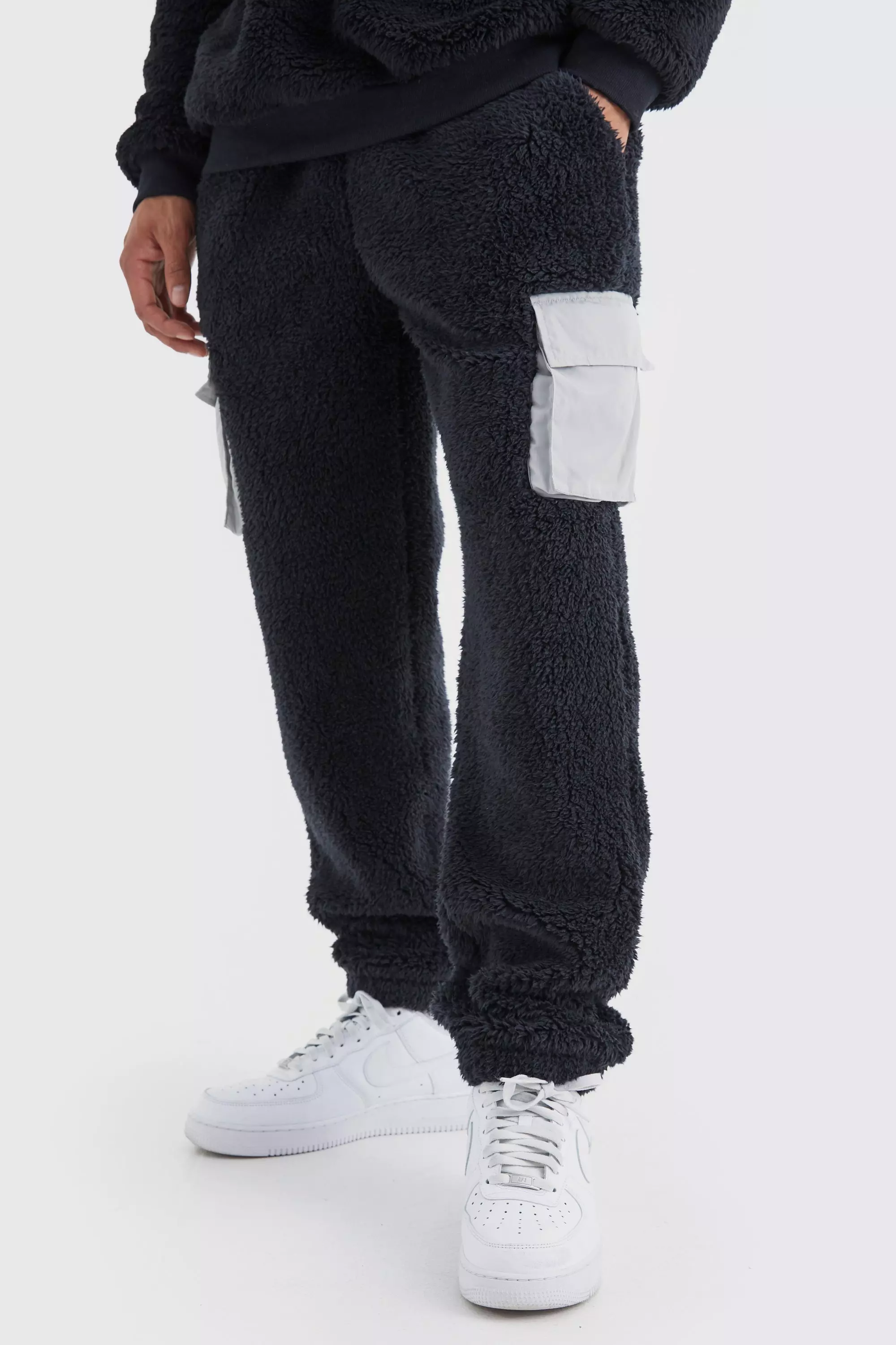 Borg Sweatpants With Nylon Cargo Pockets Black