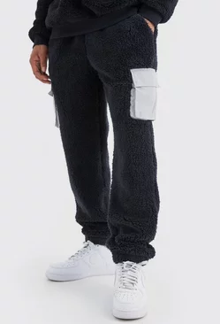 Borg Jogger With Nylon Cargo Pockets Black