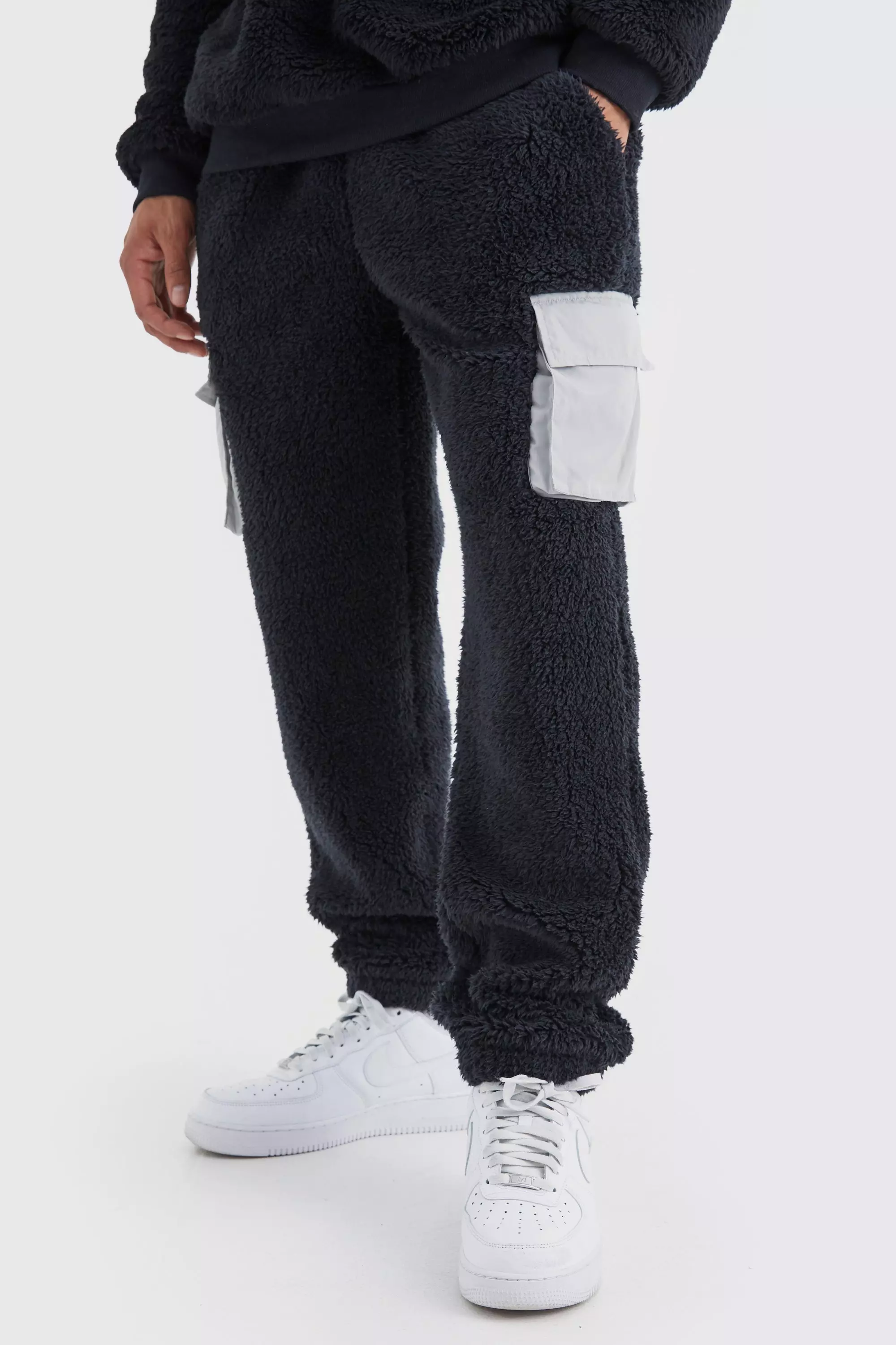 Borg Jogger With Nylon Cargo Pockets Black