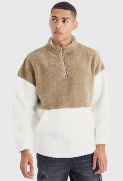 Brown Oversized 1/4 Zip Boucle Borg Colour Block Sweatshirt