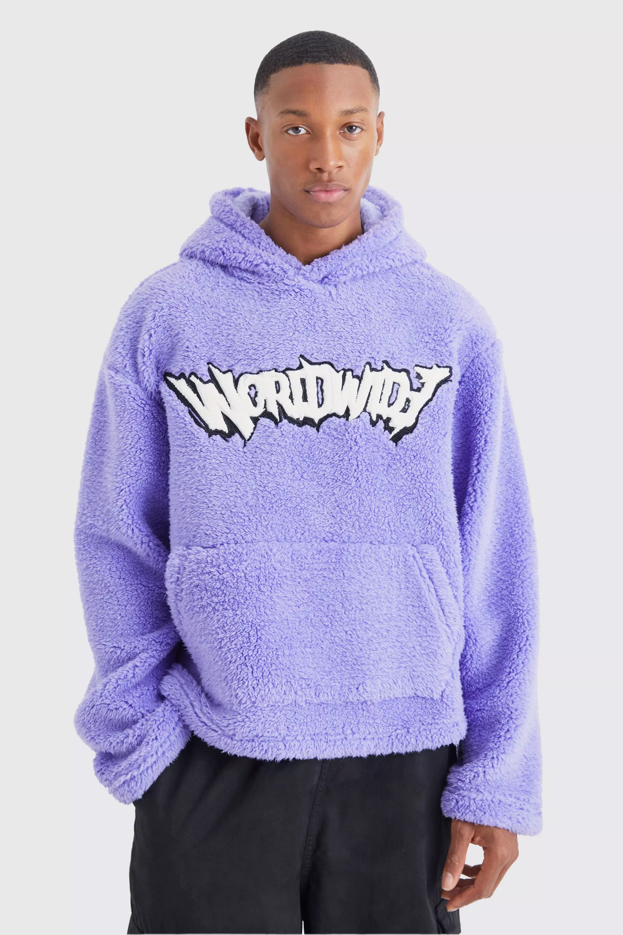 Oversized Boxy Boucle Borg Applique Hoodie Purple